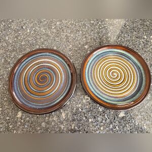 Bill Campbell Set of Two Blue Drip Glaze Swirl Salad Plates Pottery Signed